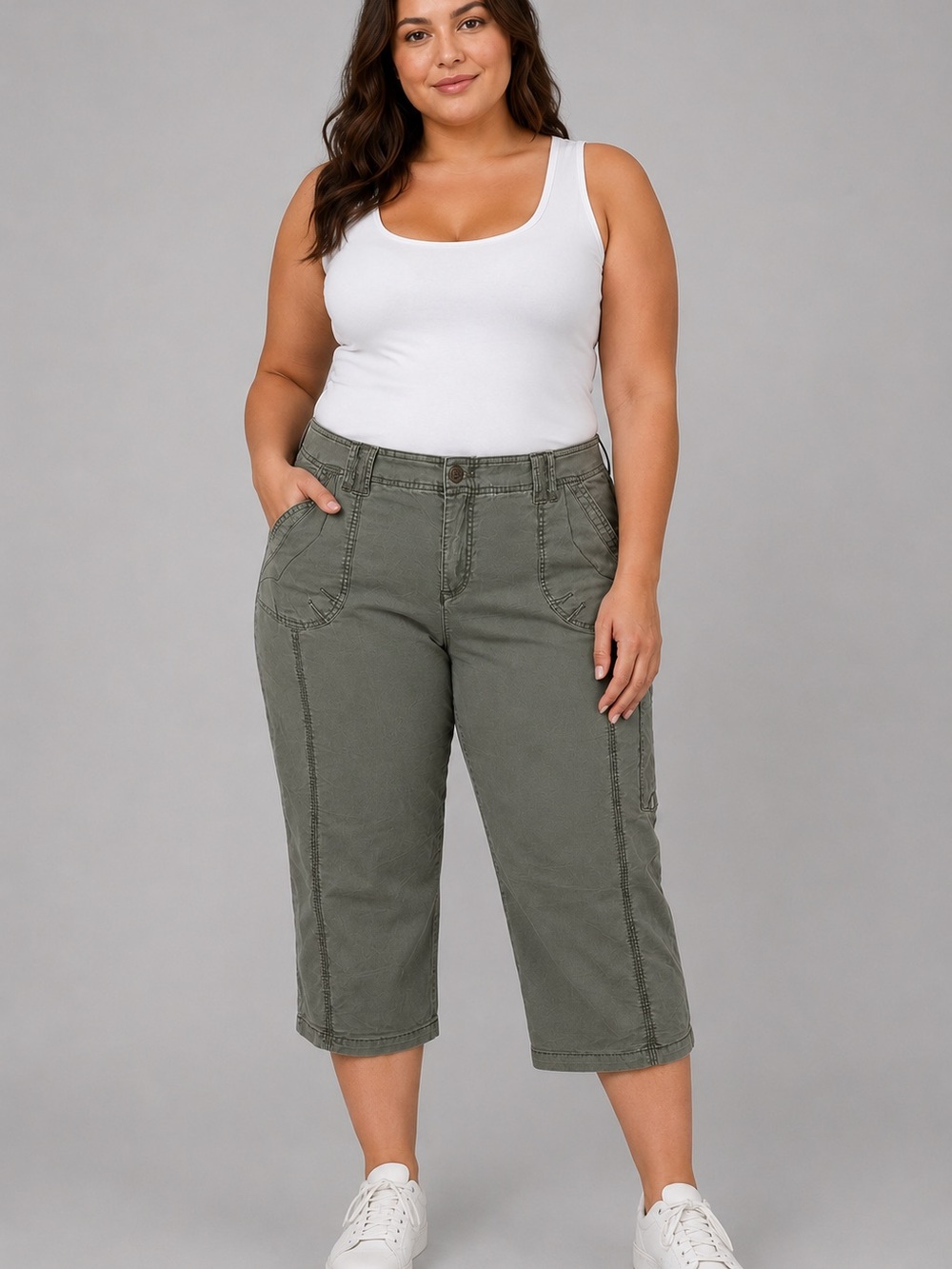 Caffé Manhattan Women’s Olive Green Cropped Cargo Capri Pants Size 16 Stretch